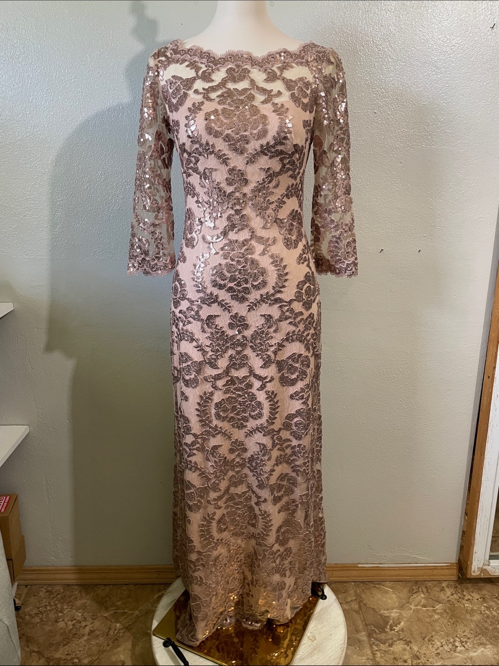 Rose Gold Sequin Maxi Lace Evening Mother Of The Bride Gala Sz 4 Tadashi Shoji